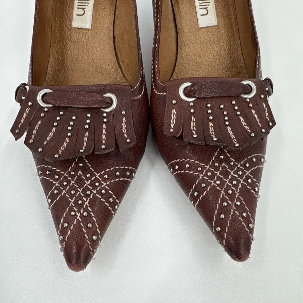 Ballin VTG Brown‎ Leather Kitten Heel 37.5 Italy Studded Fringe Metal Classic